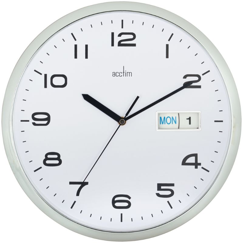 Chrome dial wall clock with black face, day/date display, quartz movement, and durable plastic case, ideal for home or office.