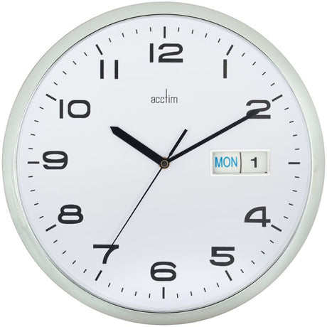Chrome dial wall clock with black face, day/date display, quartz movement, and durable plastic case, ideal for home or office.