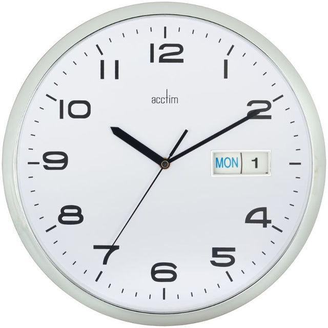 Chrome dial wall clock with black face, day/date display, quartz movement, and durable plastic case, ideal for home or office.