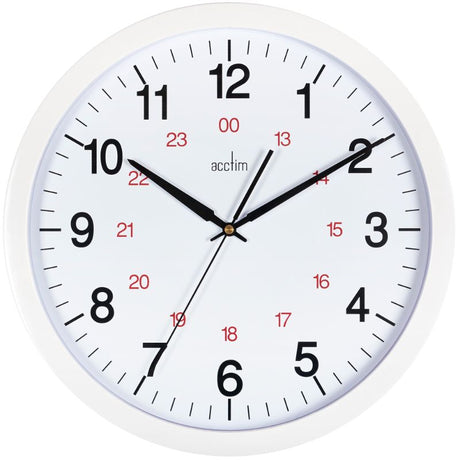Sleek 35.5cm white wall clock with 12/24 hour dial and quartz movement, perfect for any modern decor.