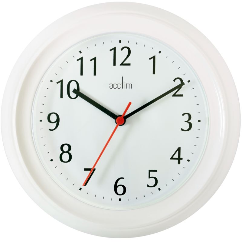 Modern white 22cm wall clock featuring quartz movement and durable plastic design for home or office decor.