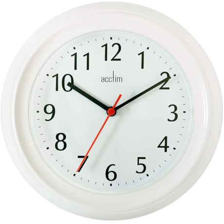 Modern white 22cm wall clock featuring quartz movement and durable plastic design for home or office decor.