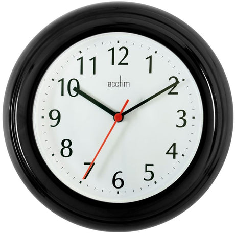 Stylish 22cm black plastic wall clock with minimalist design, easy-to-read numerals, and reliable quartz movement.