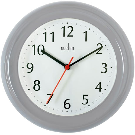 Grey 22cm Acctim Wycombe wall clock featuring a sleek plastic design and reliable quartz movement for accurate timekeeping.