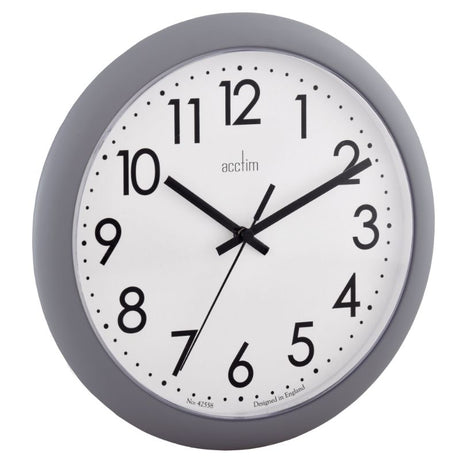 Elegant grey wall clock with polished gloss finish and clear lens, featuring precise quartz movement for accurate timekeeping.