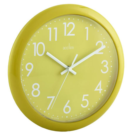 Bright lime green wall clock with gloss finish, durable plastic lens, and reliable quartz movement, measuring 25.5cm.