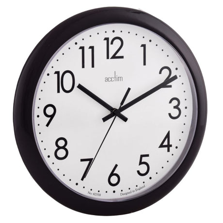 Elegant black wall clock with modern design, 25.5cm diameter, precise quartz movement, perfect for any room decor.