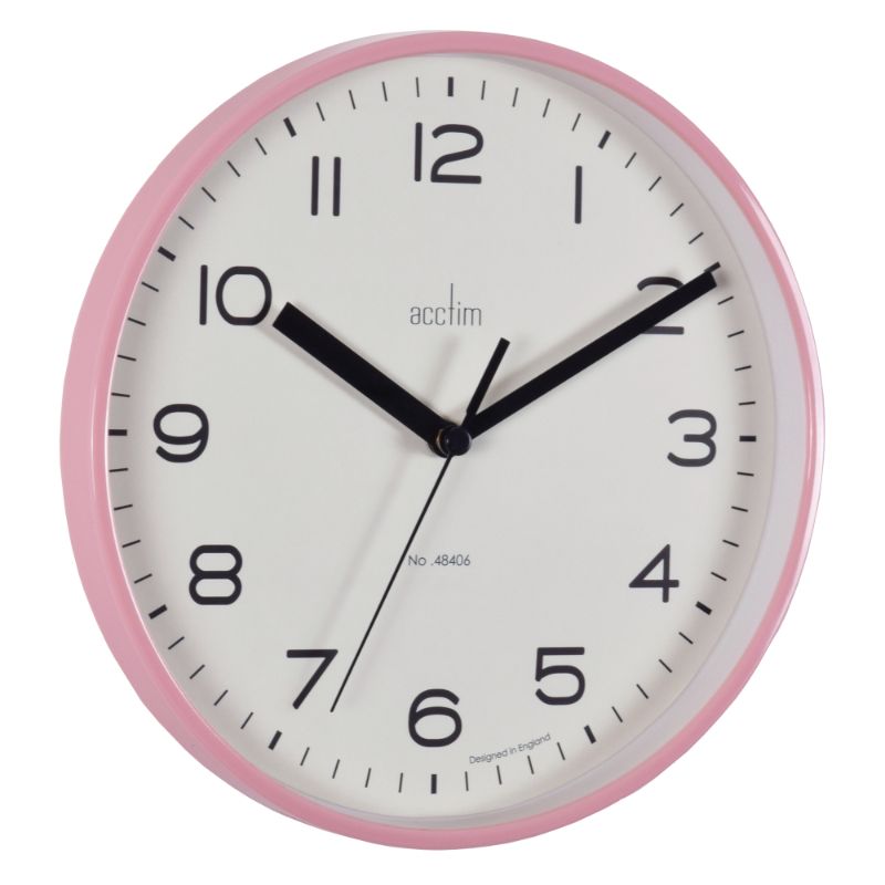 Blush pink wall clock with plastic case, glass lens, and quartz movement, perfect for stylish home decor.