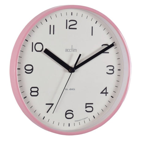 Blush pink wall clock with plastic case, glass lens, and quartz movement, perfect for stylish home decor.
