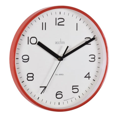 Stylish 20cm Acctim Runwell Shiraz Wall Clock in red with slimline design, glass lens, and quartz movement for accuracy.