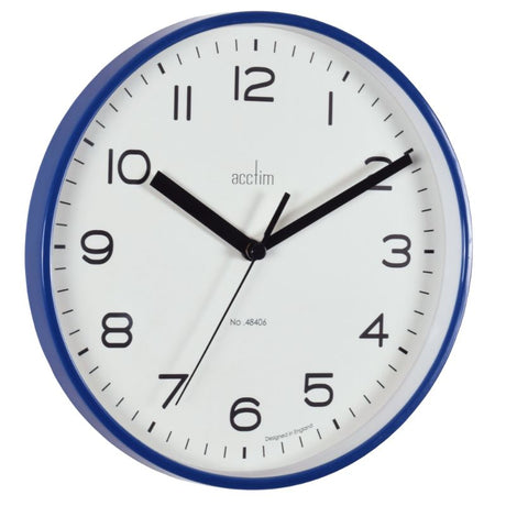 Midnight blue 20cm wall clock with a slim plastic case and glass lens, featuring precise quartz movement for reliable timekeeping.