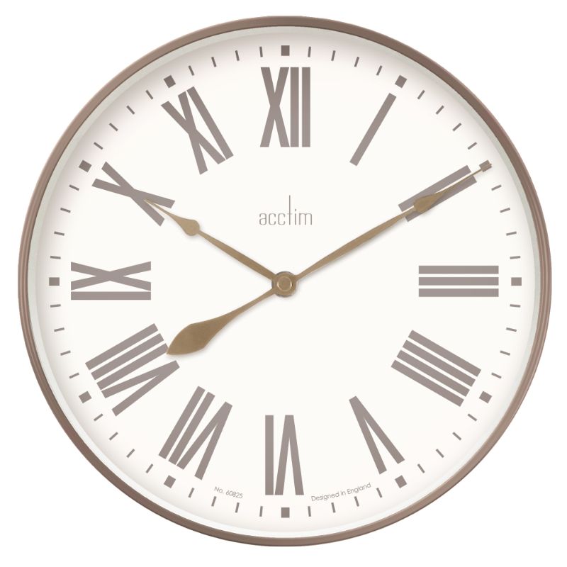 Taupe and champagne industrial wall clock featuring quartz movement, glass lens, and edge numerals, perfect for stylish decor.