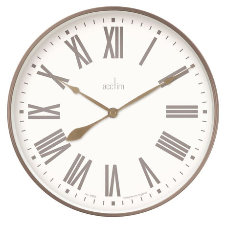 Taupe and champagne industrial wall clock featuring quartz movement, glass lens, and edge numerals, perfect for stylish decor.