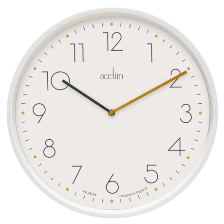 Elegant Acctim Taby White Wall Clock features a minimalistic design with a colorful minute hand and quartz movement for accurate timekeeping.