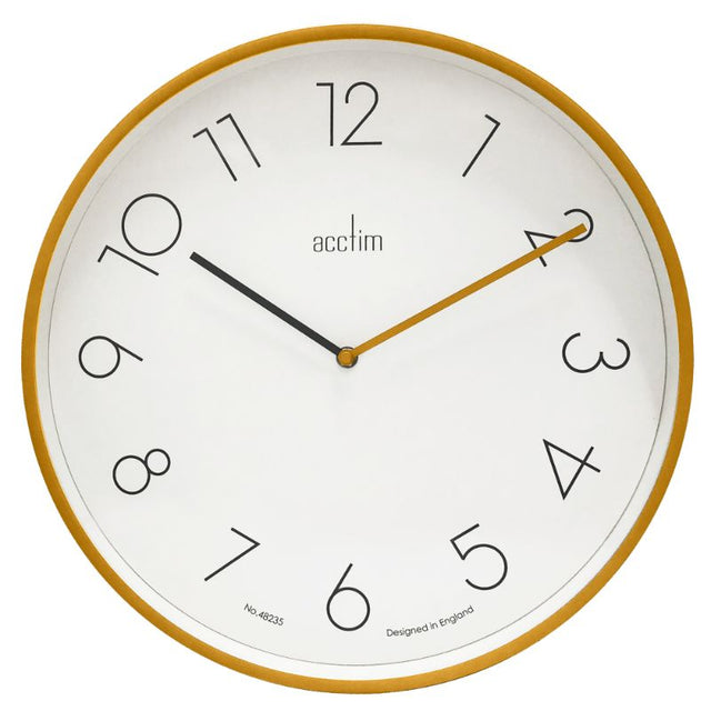 Contemporary Dijon yellow wall clock with offset numbers and clear glass lens, perfect for modern home decor.