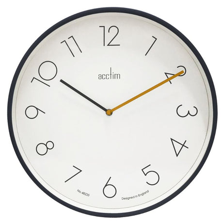 Vibrant volcano blue wall clock with offset numbers and dijon yellow second hand, perfect for modern home decor.