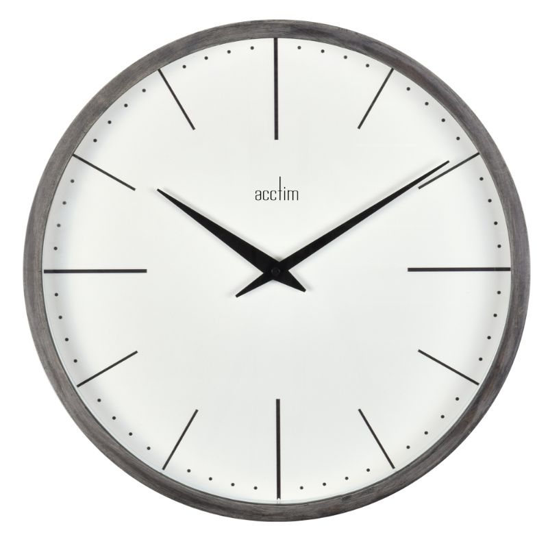 Elegant grey wood wall clock with minimalist design and glass lens, ideal for modern home or office decor.