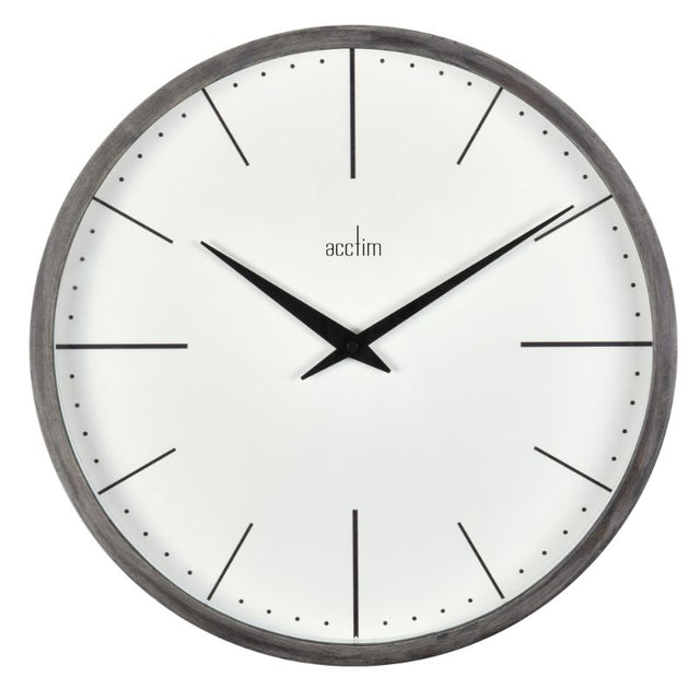 Elegant grey wood wall clock with minimalist design and glass lens, ideal for modern home or office decor.