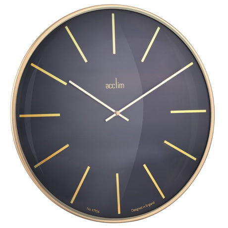 Elegant Acctim Luxe Domed Wall Clock, 40cm, featuring a brass frame, black face, and gold batons for sophisticated timekeeping.
