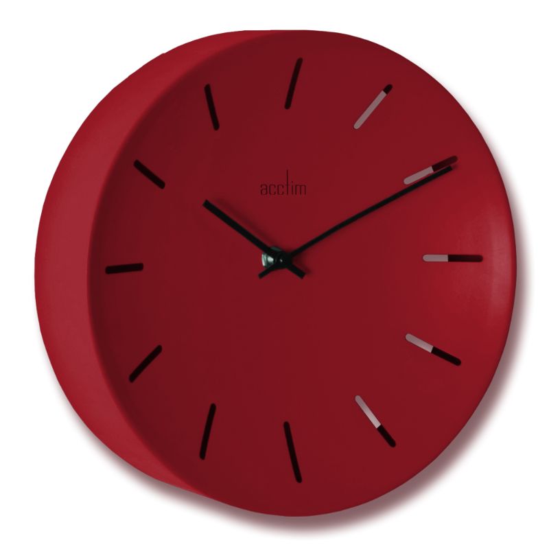 Bold red Acctim Majken wall clock with open dial, elegant numerals, and slender baton markers, perfect for any room decor.