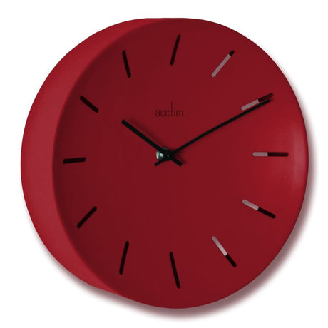Bold red Acctim Majken wall clock with open dial, elegant numerals, and slender baton markers, perfect for any room decor.