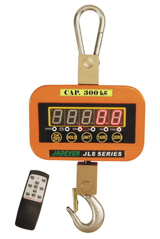 Jadever Crane Scale JLS-150, 150kg capacity, features LED display, waterproof design, and wireless remote control for easy weighing.