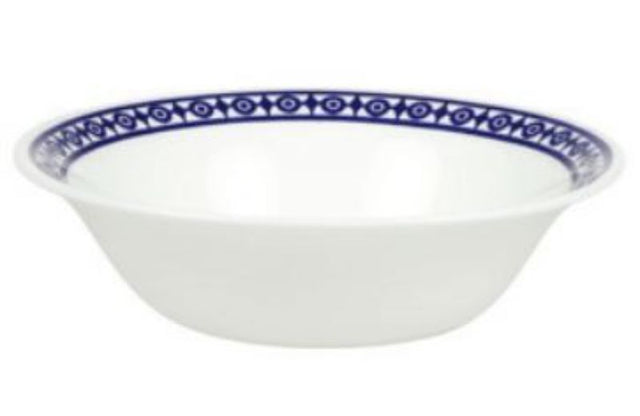 Elegant cobalt blue cereal bowl with gilt edging and geometric patterns, crafted from fine bone china, 16cm in size.