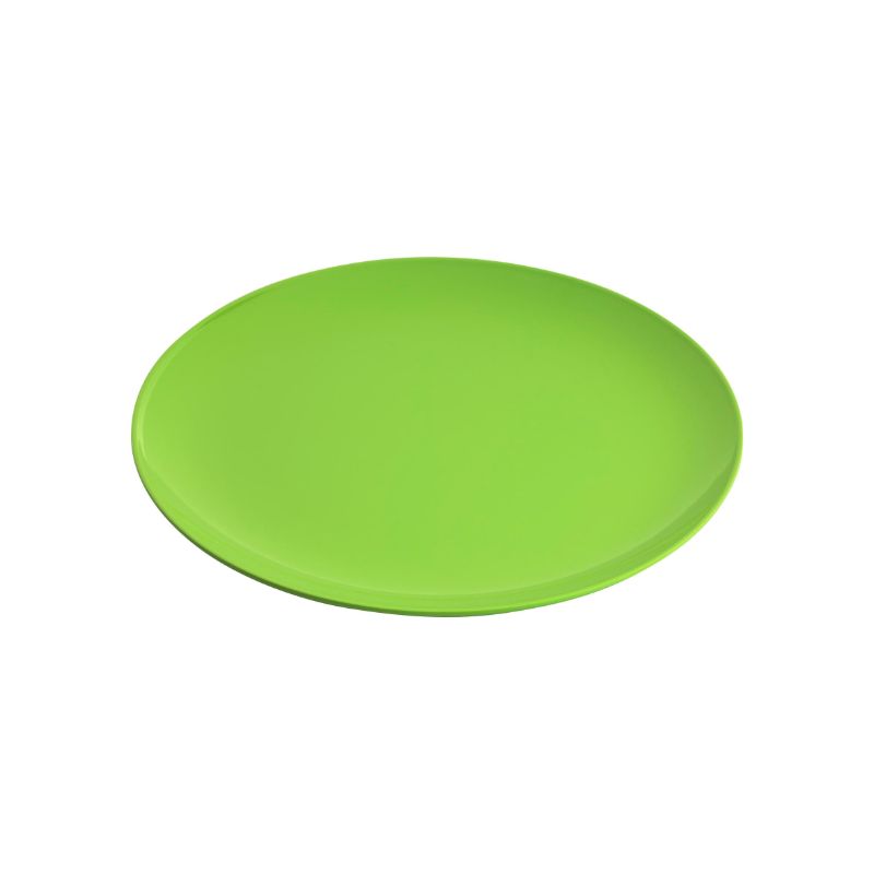 Set of 12 stylish 25cm melamine coupe plates in vibrant lime, ideal for serving hot or cold dishes with elegant durability.