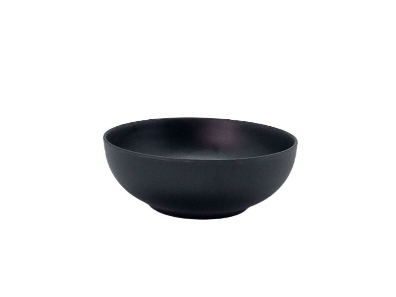 Set of 6 matte black round bowls, 14cm, durable melamine, heat resistant, dishwasher safe, perfect for dining and entertaining.