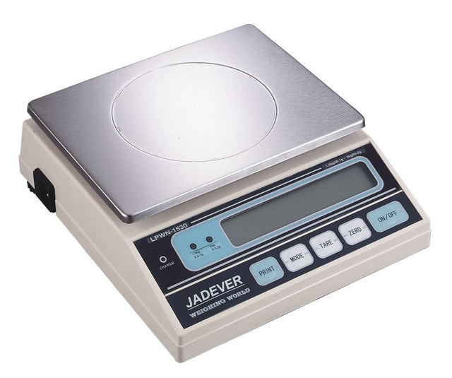 Jadever LPWN-3075 weighing scale with dual 300g/750g capacity, waterproof keypad, and vibrant LCD display for precise measurements.