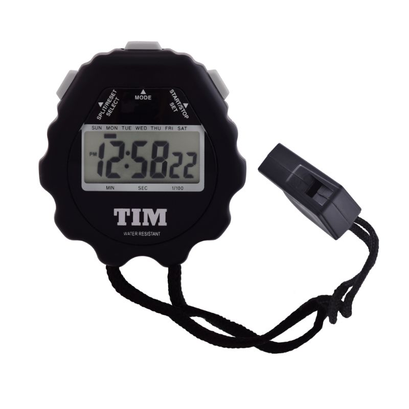 Digital black Acctim Olympus stopwatch with LCD display, split timing, and hourly chime, ideal for athletes and coaches.