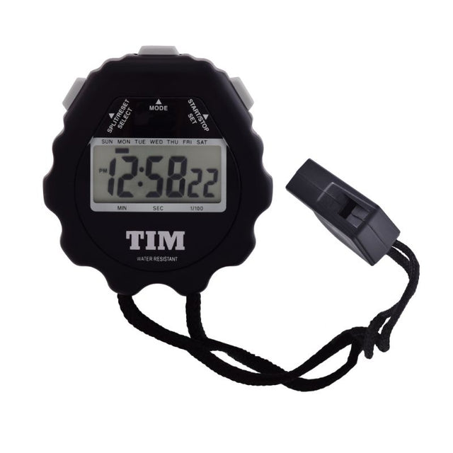 Digital black Acctim Olympus stopwatch with LCD display, split timing, and hourly chime, ideal for athletes and coaches.