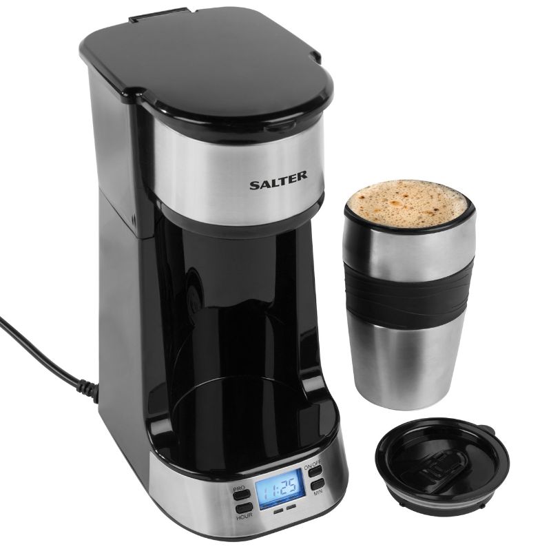 Compact Salter Digital Coffee Maker with stainless steel travel mug, 750W motor, and 24-hour timer for fresh coffee anytime.