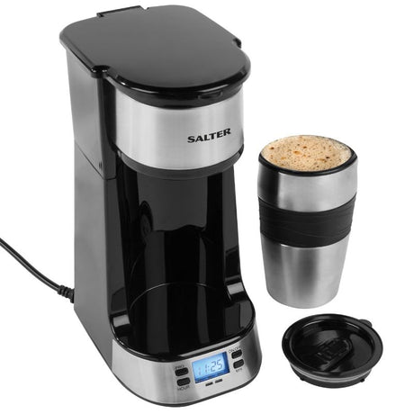 Compact Salter Digital Coffee Maker with stainless steel travel mug, 750W motor, and 24-hour timer for fresh coffee anytime.