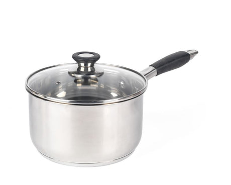 Salter Stainless Steel 20cm saucepan with a mirror polish finish, tempered glass lid, and soft-touch silicone handle.