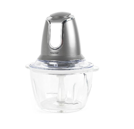 Salter Cosmos Glass Chopper in gunmetal grey, featuring 1.2L capacity, stainless steel blades, and powerful 500W motor.