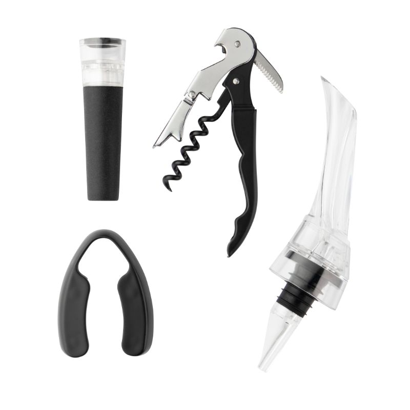 4 Piece Wine Serving Set by Taylors featuring a foil cutter, corkscrew, aerating pourer, and vacuum stopper for enhanced wine enjoyment.