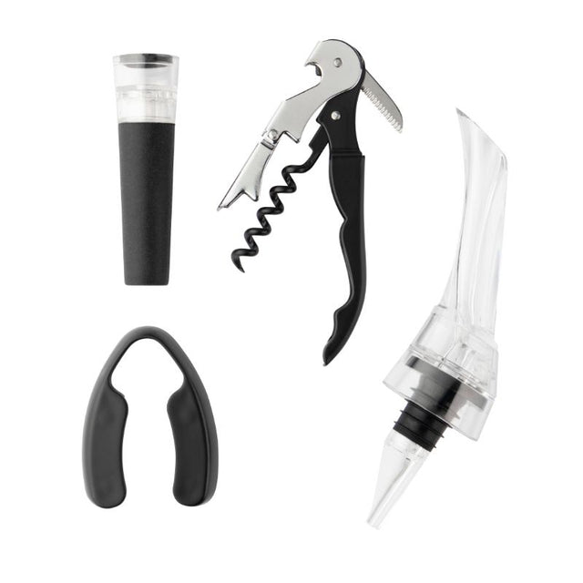 4 Piece Wine Serving Set by Taylors featuring a foil cutter, corkscrew, aerating pourer, and vacuum stopper for enhanced wine enjoyment.