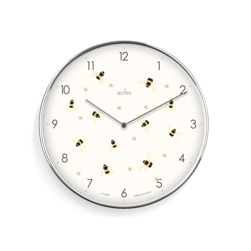 Wall Clock featuring a bee and flower design, chrome frame, and embossed Arabic dial, measuring 30cm for home decor.