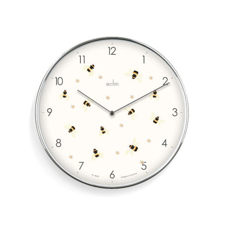 Wall Clock featuring a bee and flower design, chrome frame, and embossed Arabic dial, measuring 30cm for home decor.