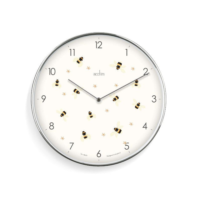Wall Clock featuring a bee and flower design, chrome frame, and embossed Arabic dial, measuring 30cm for home decor.