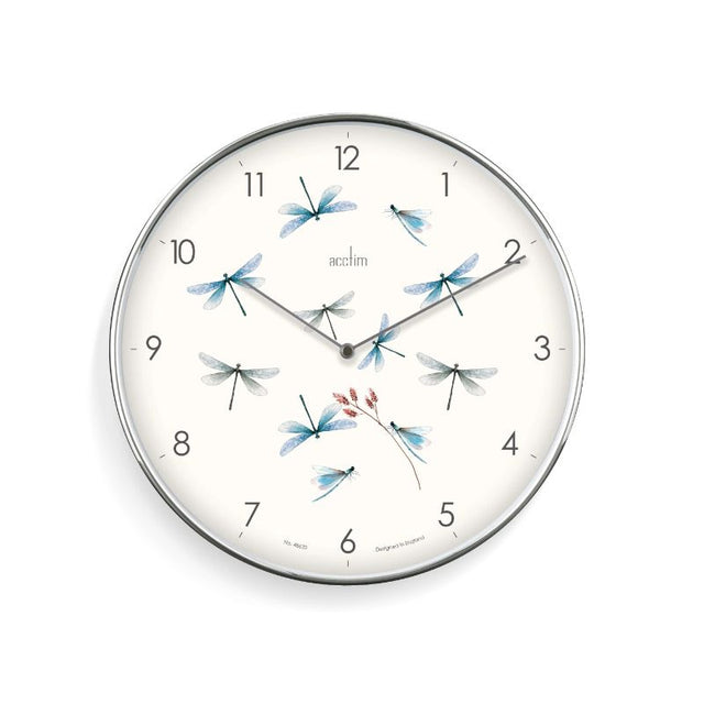 Decorative 30cm wall clock featuring dragonfly and floral designs, chrome frame, and easy-to-read Arabic dial.