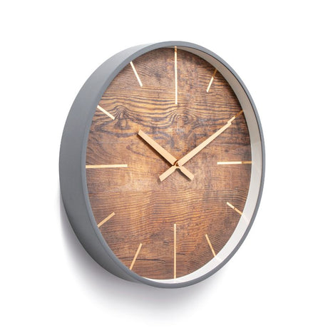 Acctim Hancock grey/oak wall clock (40cm) features rustic wood effect dial, copper batons, and brushed metal hands for stylish decor.