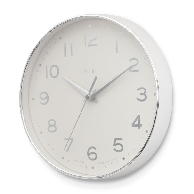 Sleek Acctim Rand Chrome/White wall clock with debossed numbers and silver scissor hands, enhancing modern decor.