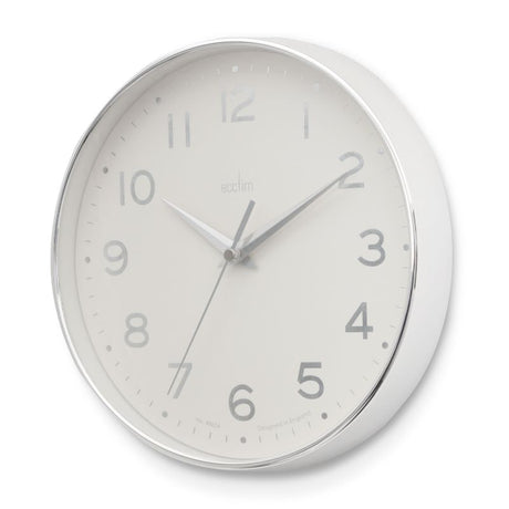 Sleek Acctim Rand Chrome/White wall clock with debossed numbers and silver scissor hands, enhancing modern decor.