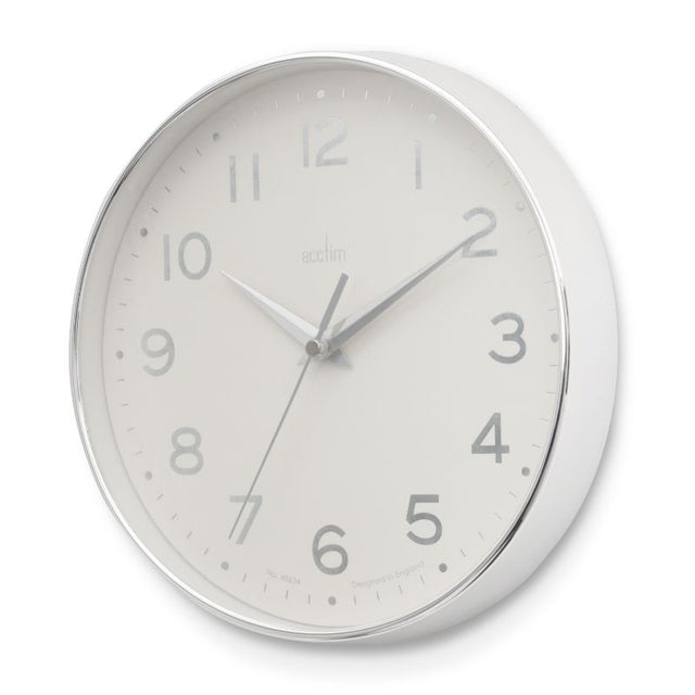 Sleek Acctim Rand Chrome/White wall clock with debossed numbers and silver scissor hands, enhancing modern decor.
