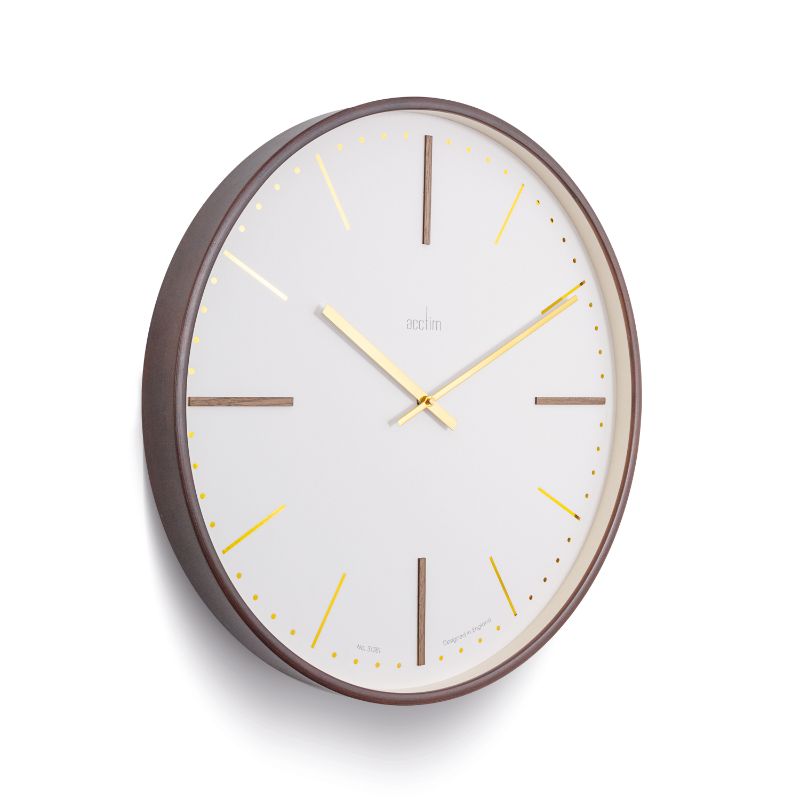 Elegant Acctim Knoll Dark Wood Wall Clock (53cm) with minimalist design, raised batons, and crystal-clear glass lens.