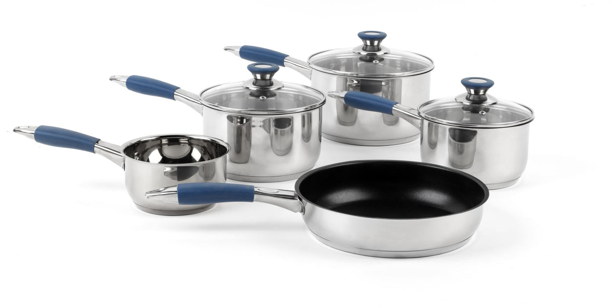 Russell Hobbs 5pc stainless steel pan set with riveted handles, tempered glass lids, and superior heat distribution.