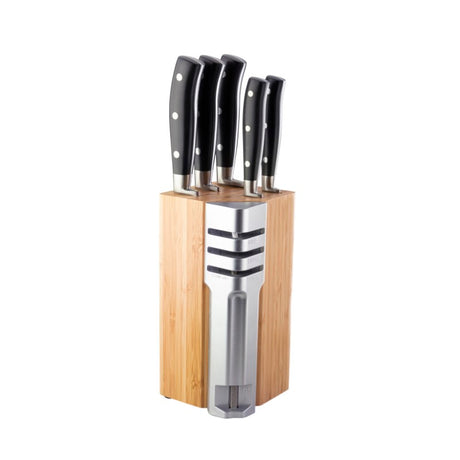 5-piece Taylors Henley Bamboo Knife Block Set with premium knives and a detachable 3-stage sharpener for ultimate kitchen efficiency.