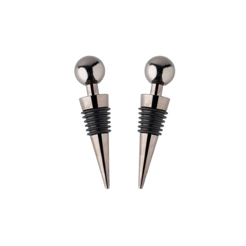 Elegant metallic black bottle stoppers designed to preserve freshness and style for wine and champagne, set of two.
